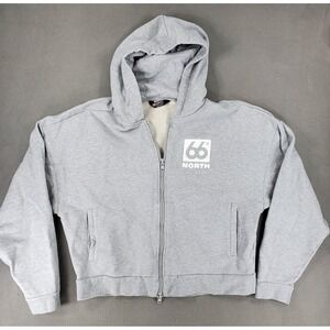 66 North Thoka Full Zip Hoodie Womens Sz M Boxy‎ Cropped Gray Flocked Logo
